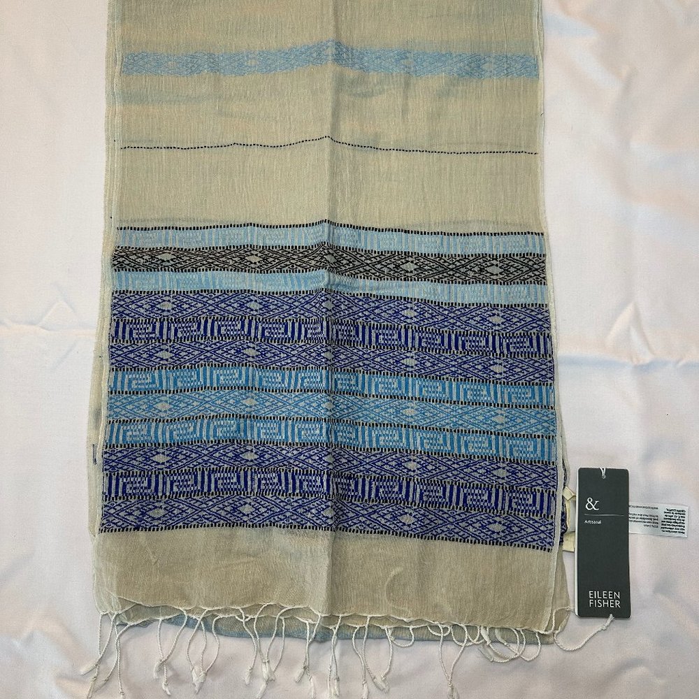 Eileen Fisher Artisanal Beige and Blue Scarf - Brand New